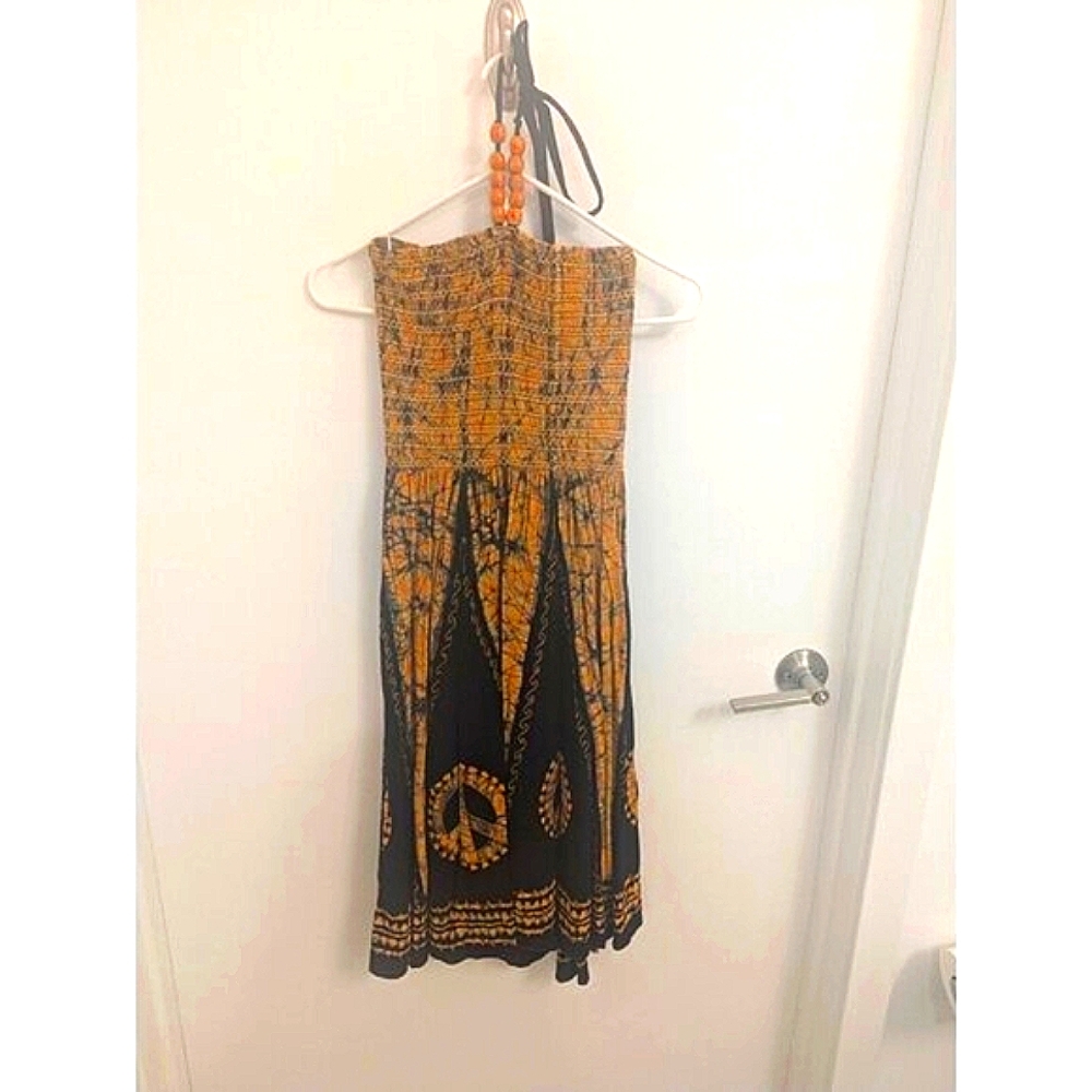 Peace Sign Halter Dress Wooden Beaded Neckline, Black & Marigold